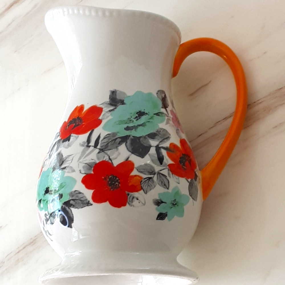 PIONEER WOMAN Flea Market Decorated Floral Ceramic Yellow Handle Pitcher 2Qts